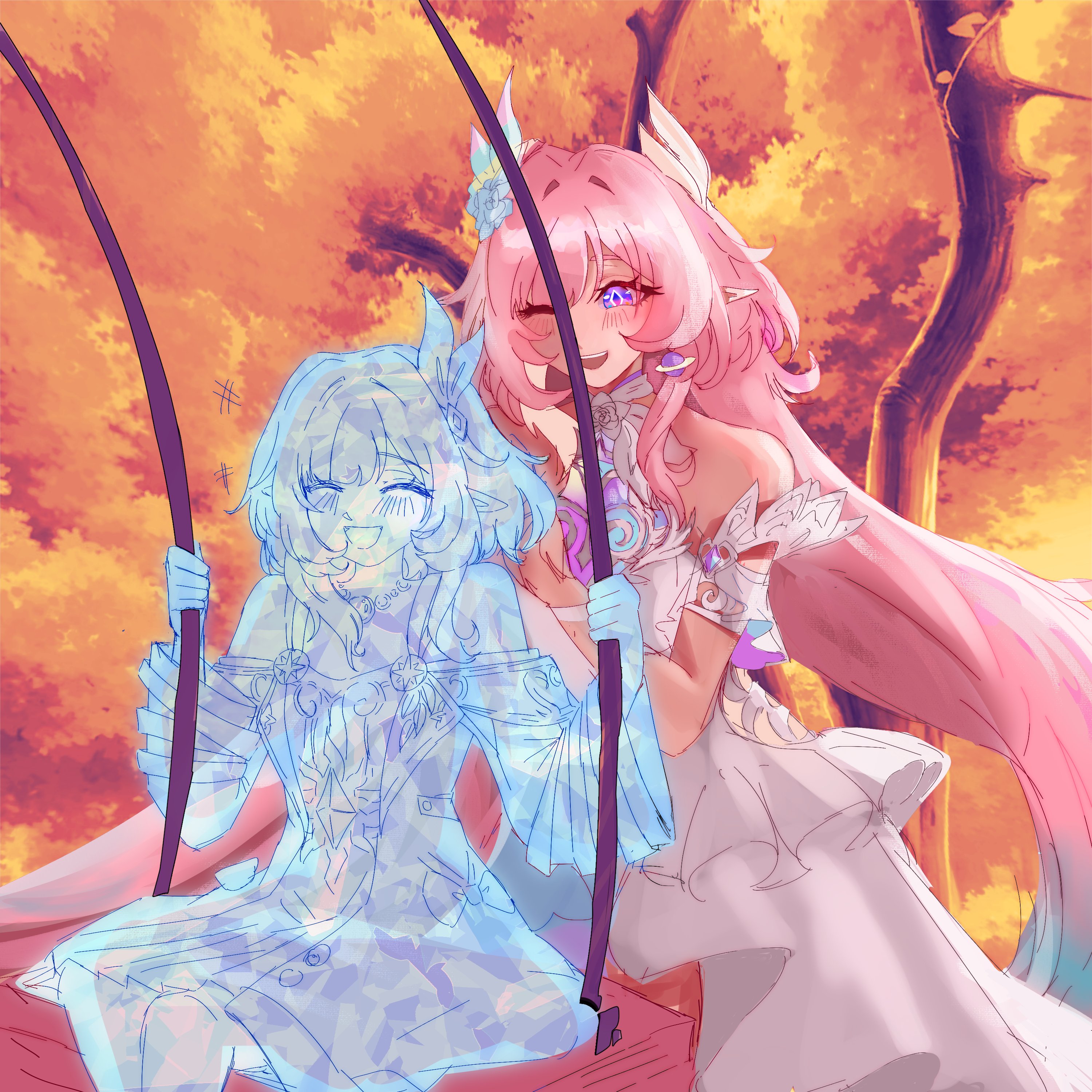 cyrene doodles, cyrene (honkai: star rail), cyrene (ripples of past reverie) (honkai: star rail), honkai: star rail, honkai (series), absurdres, commentary, english commentary, highres, 2girls, aqua hair, bare shoulders, breasts, cyrene (aedes elysiae) (honkai: star rail), diamond-shaped pupils, diamond (shape), dress, dual persona, earrings, flower, gradient hair, hair flower, hair ornament, jewelry, large breasts, long hair, multicolored hair, multiple girls, on swing, one eye closed, outdoors, pink hair, pointy ears, purple eyes, short hair, smile, swing, symbol-shaped pupils, two-tone hair, very long hair, white dress