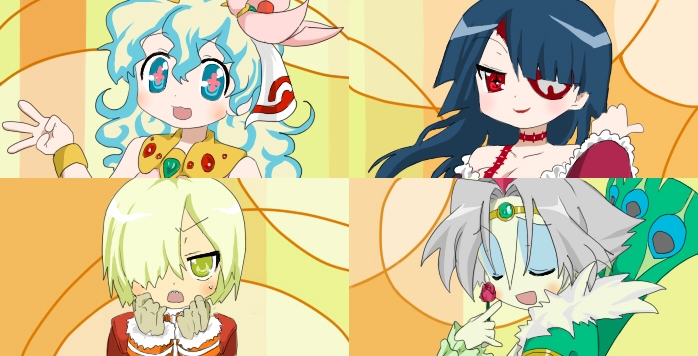 siroringo, adiane, cytomander, nia teppelin, viral (ttgl), lucky star, tengen toppa gurren lagann, 2boys, 2girls, :d, black hair, blonde hair, blue hair, closed eyes, eyepatch, eyeshadow, looking at viewer, makeup, multicolored hair, multiple boys, multiple girls, open mouth, parody, red eyes, smile, style parody, swept bangs, two-tone hair, upper body, yellow eyes