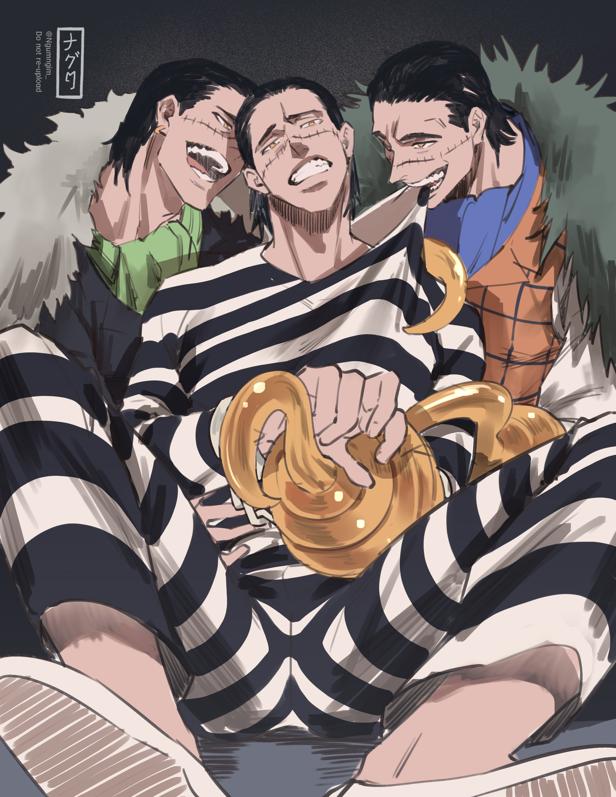 ngumngim, crocodile (one piece), one piece, absurdres, highres, 3boys, ascot, black hair, blue ascot, clenched teeth, clone, clothes in mouth, earrings, green ascot, hook hand, jewelry, male focus, mature male, mouth hold, multiple boys, open mouth, orange vest, pants, prison clothes, shirt, shirt in mouth, shoes, short hair, sitting, stitched face, stitches, striped clothes, striped pants, striped shirt, teeth, vest, white shoes