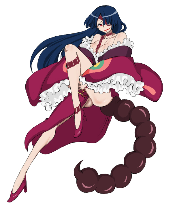 siroringo, adiane, tengen toppa gurren lagann, 00s, 1girl, bare shoulders, blue hair, dress, eyepatch, female focus, frills, high heels, legs, long hair, no panties, red eyes, scorpion tail, shoes, smile, solo, tail, tattoo