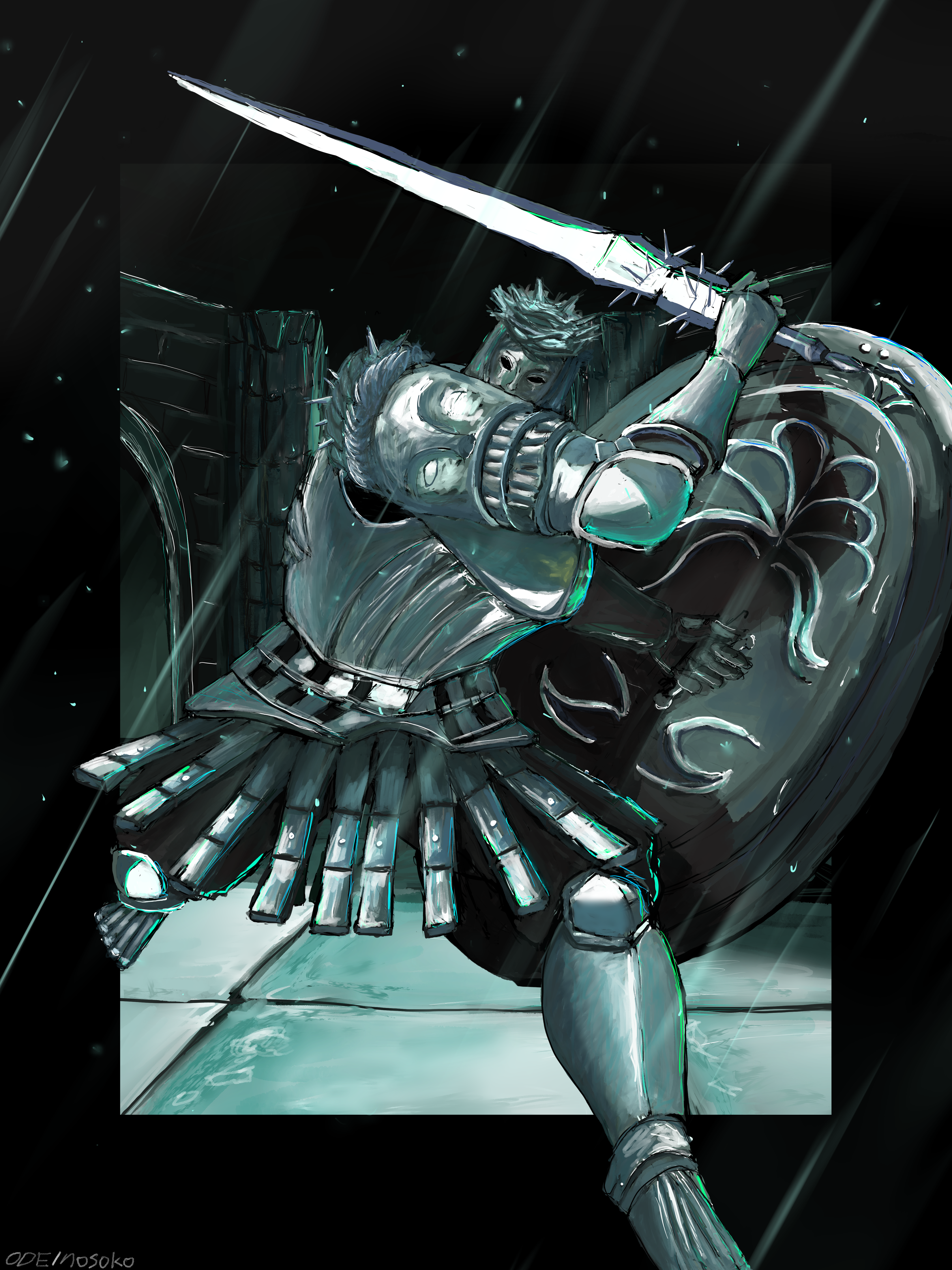 odei sb, looking glass knight, dark souls (series), dark souls ii, absurdres, commentary request, highres, 1boy, armor, armored boots, boots, breastplate, crown of thorns, faulds, full armor, full body, holding, holding shield, holding sword, holding weapon, jumping, knight, looking at viewer, male focus, outdoors, rain, shield, solo, sword, weapon