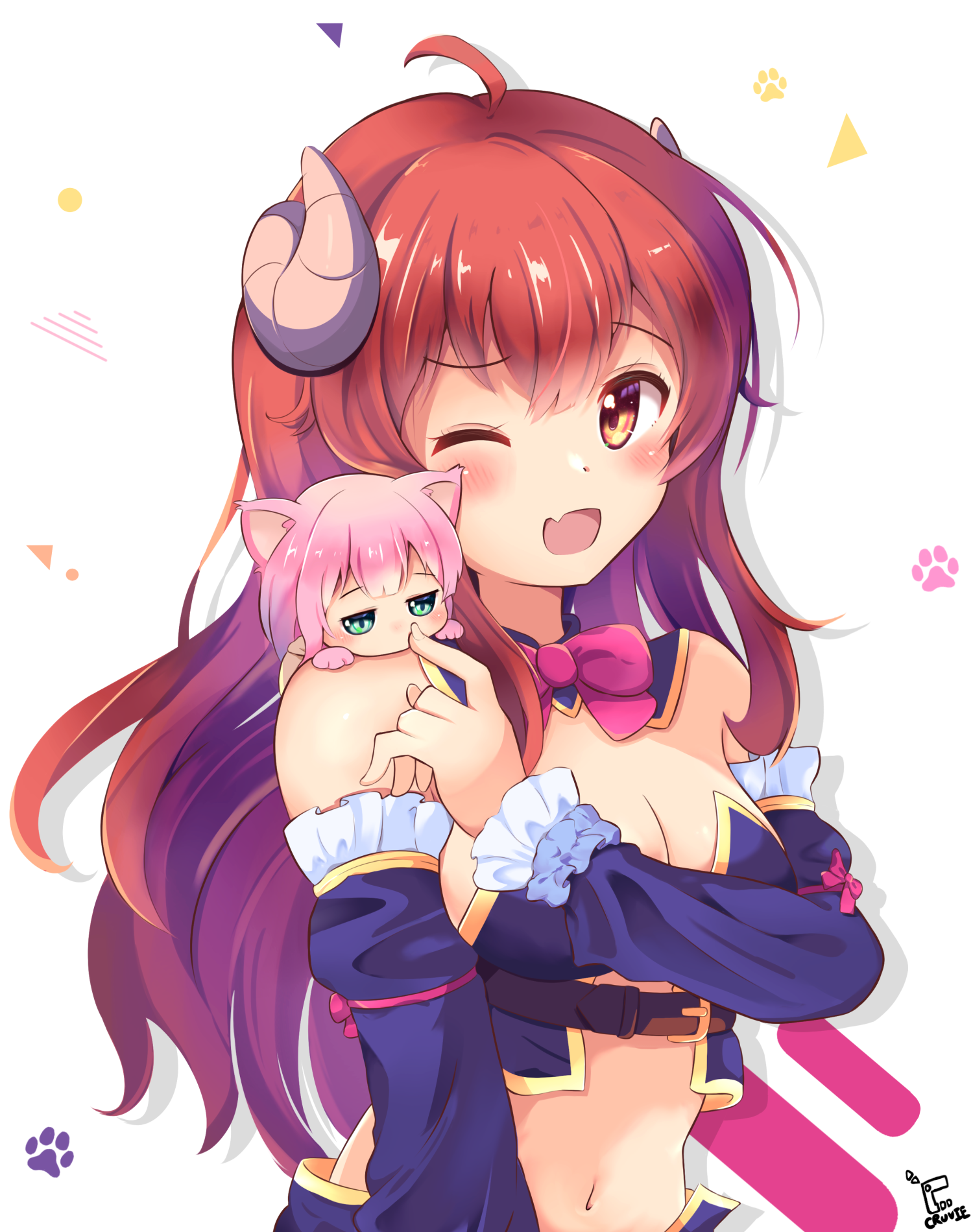 cruvie, chiyoda momo, yoshida yuuko, machikado mazoku, commentary, highres, 2girls, ;d, ahoge, animal ears, bare shoulders, blush, bow, bowtie, breasts, brown eyes, brown hair, cat ears, cat girl, chibi, chibi inset, chibi on shoulder, cleavage, crisis management form (machikado mazoku), curled horns, demon girl, demon horns, detached collar, detached sleeves, drop shadow, fang, frilled sleeves, frills, green eyes, hair between eyes, happy, horns, index finger raised, jitome, kemonomimi mode, large breasts, long hair, long sleeves, looking at another, looking to the side, medium hair, multiple girls, navel, one eye closed, open mouth, petting, pink bow, pink bowtie, pink hair, sidelocks, signature, simple background, skin fang, slit pupils, smile, solo focus, upper body, very long hair, white background