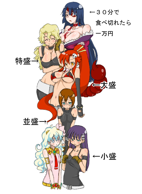 siroringo, adiane, kinon bachika, kiyal bachika, kiyoh bachika, nia teppelin, yoko littner, tengen toppa gurren lagann, translated, 00s, 6+girls, bust chart, chart, multiple girls