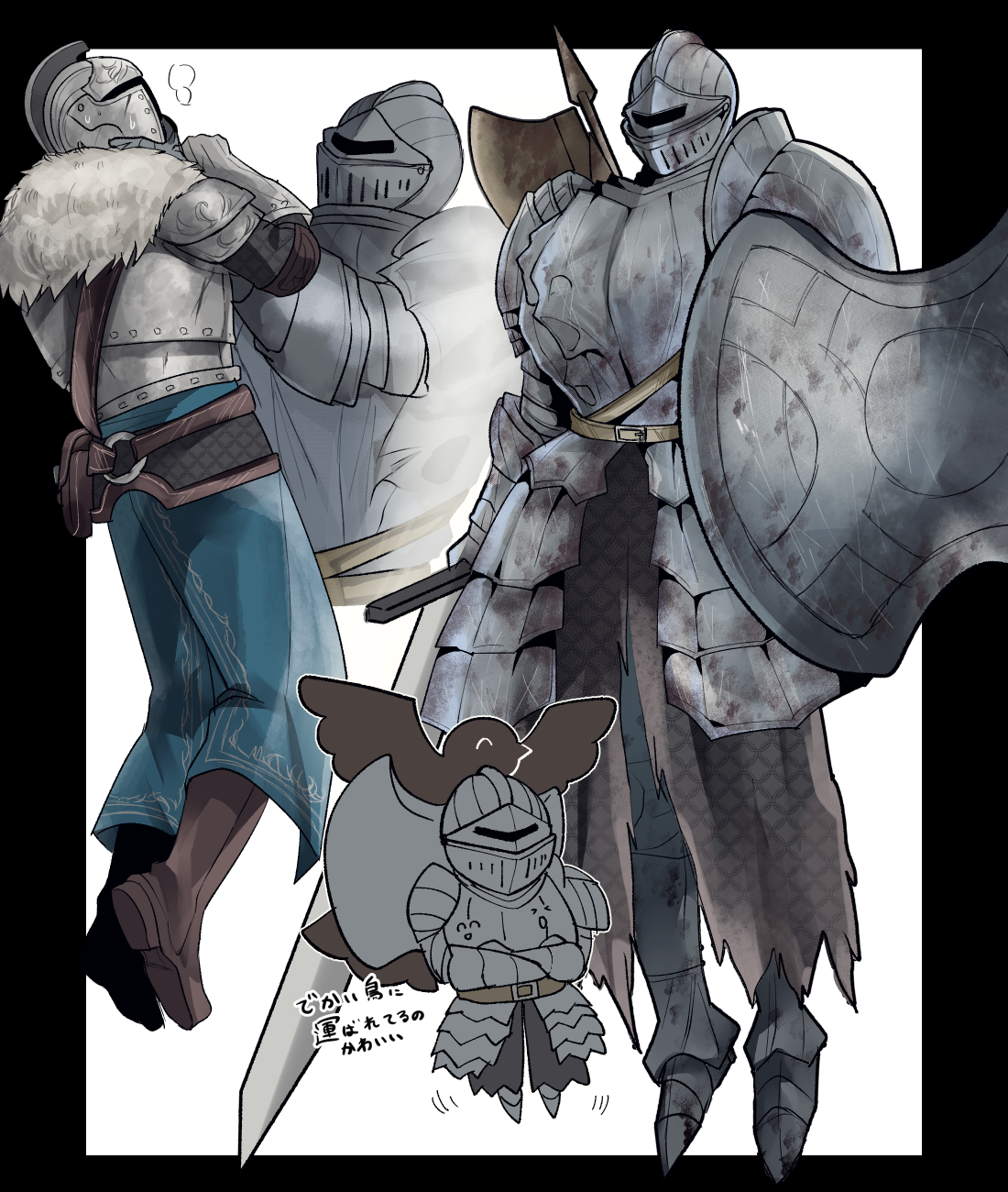 nekoneko crown, bearer of the curse, the pursuer, dark souls (series), dark souls ii, commentary request, highres, 1boy, 1other, ambiguous gender, armor, armored boots, axe, bird, black background, blue pants, boots, brown boots, chibi, chibi inset, crossed arms, full armor, full body, fur collar, gauntlets, helm, helmet, holding, holding shield, holding sword, holding weapon, knight, looking at another, pants, shield, simple background, strangling, sword, two-tone background, weapon, white background