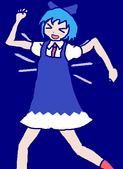 roastbeefy, cirno, hidamari sketch, touhou, 1girl, bad anatomy, blue background, female focus, parody, poorly drawn, simple background, solo