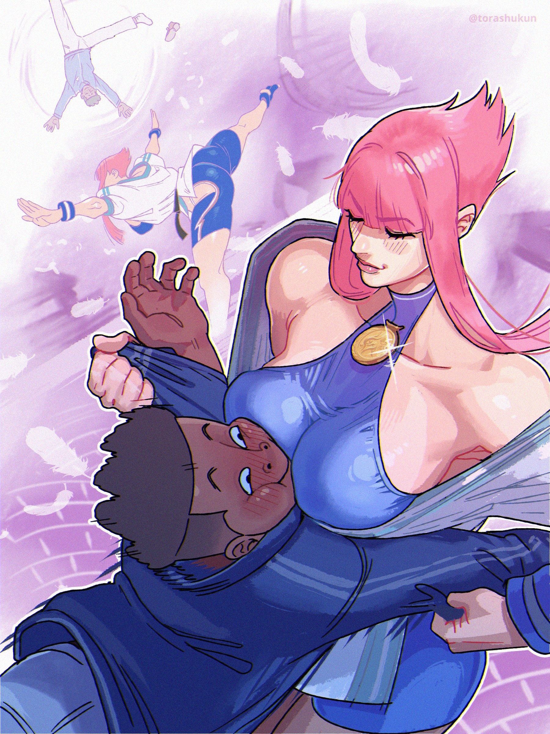 torashu-kun, manon legrand, player character (street fighter 6), street fighter, street fighter 6, absurdres, highres, 1boy, 1girl, between breasts, blush, breasts, clothing cutout, dancing, dark-skinned male, dark skin, dougi, face between breasts, grabbing another's sleeve, head between breasts, hip vent, large breasts, medallion, pink hair, short hair with long locks, smile, throwing, throwing person, track suit, unitard