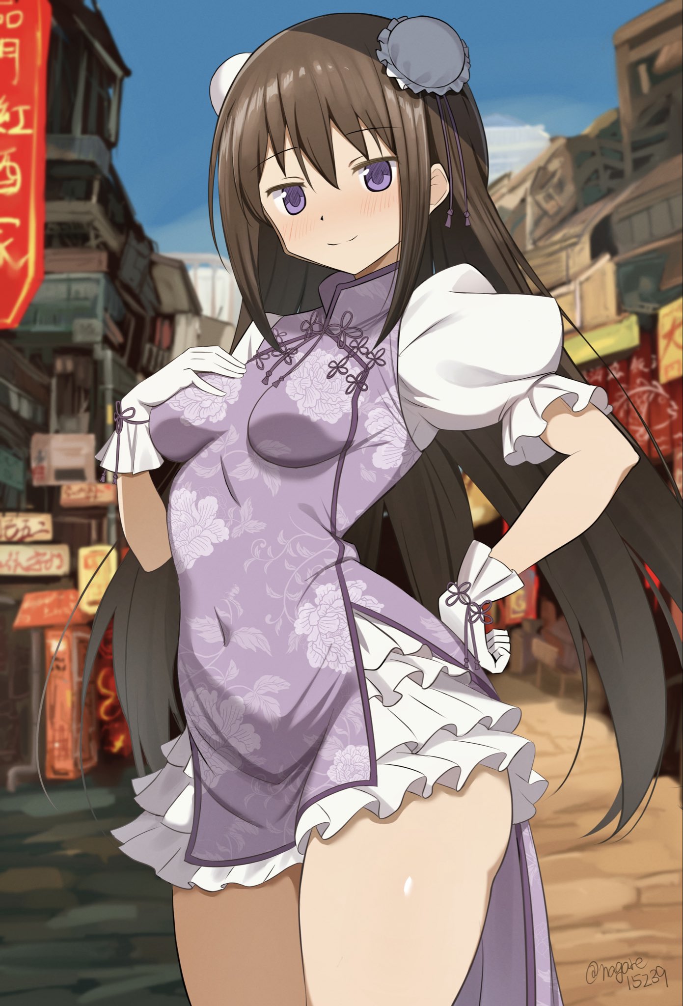 nagare (flow), akemi homura, mahou shoujo madoka magica, mahou shoujo madoka magica (anime), highres, 1girl, black hair, blush, bow, breasts, bun cover, china dress, chinese clothes, covered navel, double bun, dress, floral print, frilled dress, frills, gloves, hair bun, juliet sleeves, long hair, long sleeves, looking at viewer, medium breasts, print dress, puffy sleeves, purple dress, purple eyes, ribbon, road, smile, solo, street, thick thighs, thighs