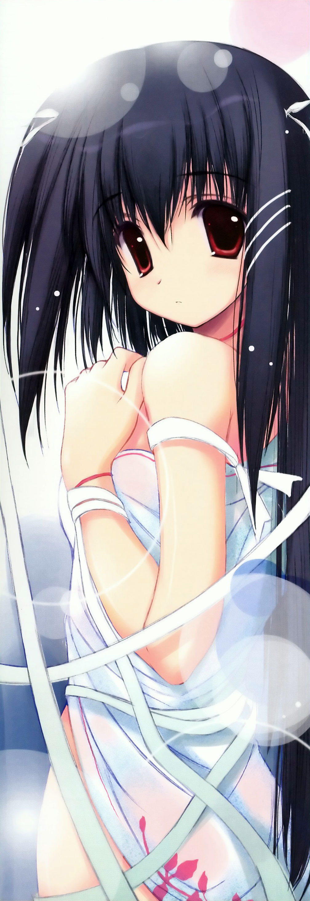 tenmu shinryuusai, absurdres, highres, black hair, long hair, red eyes, ribbon, solo