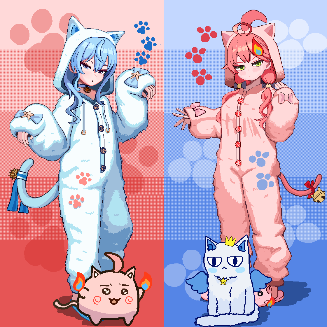 cl oor, hoshimachi suisei, maguchi (sakura miko), sakura miko, takoyaki (hoshimachi suisei), hololive, commentary, 2girls, ahoge, animal hood, bell, blue eyes, blue hair, blue pajamas, braid, buttons, cat tail, choker, contrast, fire hair ornament, food, full body, green eyes, hair ribbon, hands up, hood, looking at viewer, multiple girls, pajamas, paw print, pink hair, pink pajamas, ribbon, shadow, sidelocks, slippers, standing, tail, tail bell, tail ornament, tail ribbon, twintails