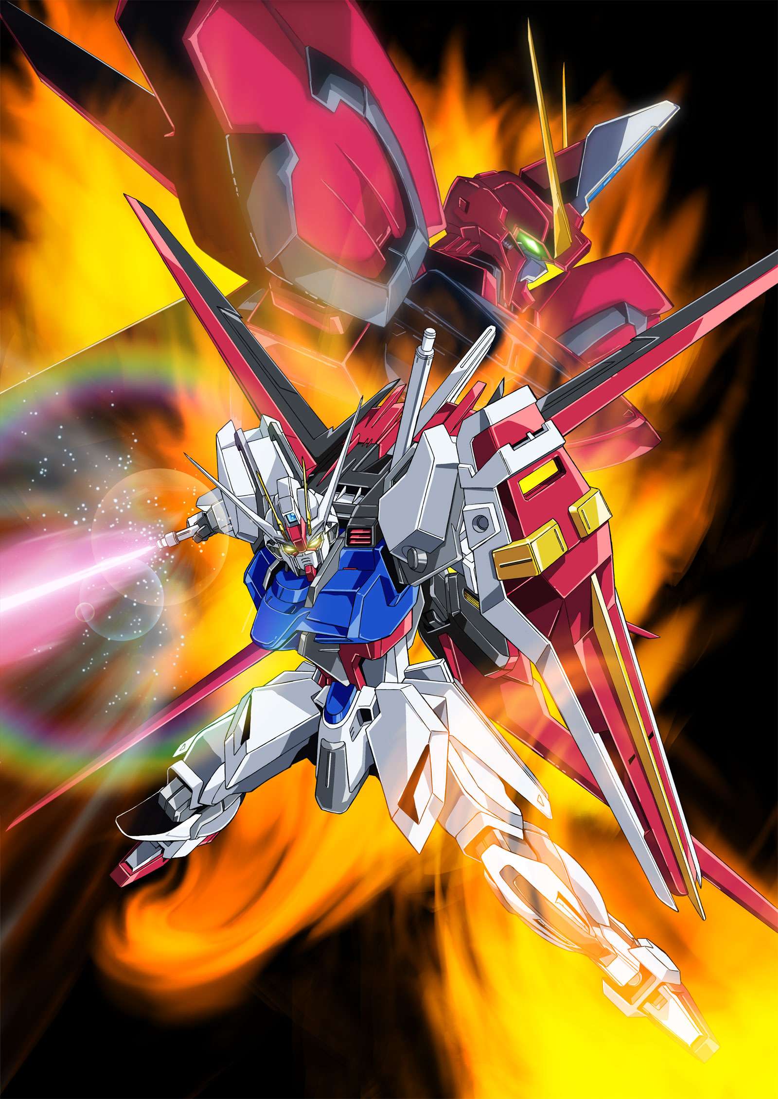 aegis gundam, aile strike gundam, strike gundam, gundam, gundam seed, highres, official art, 00s, energy sword, explosion, mecha, robot, sparkle, sword, weapon