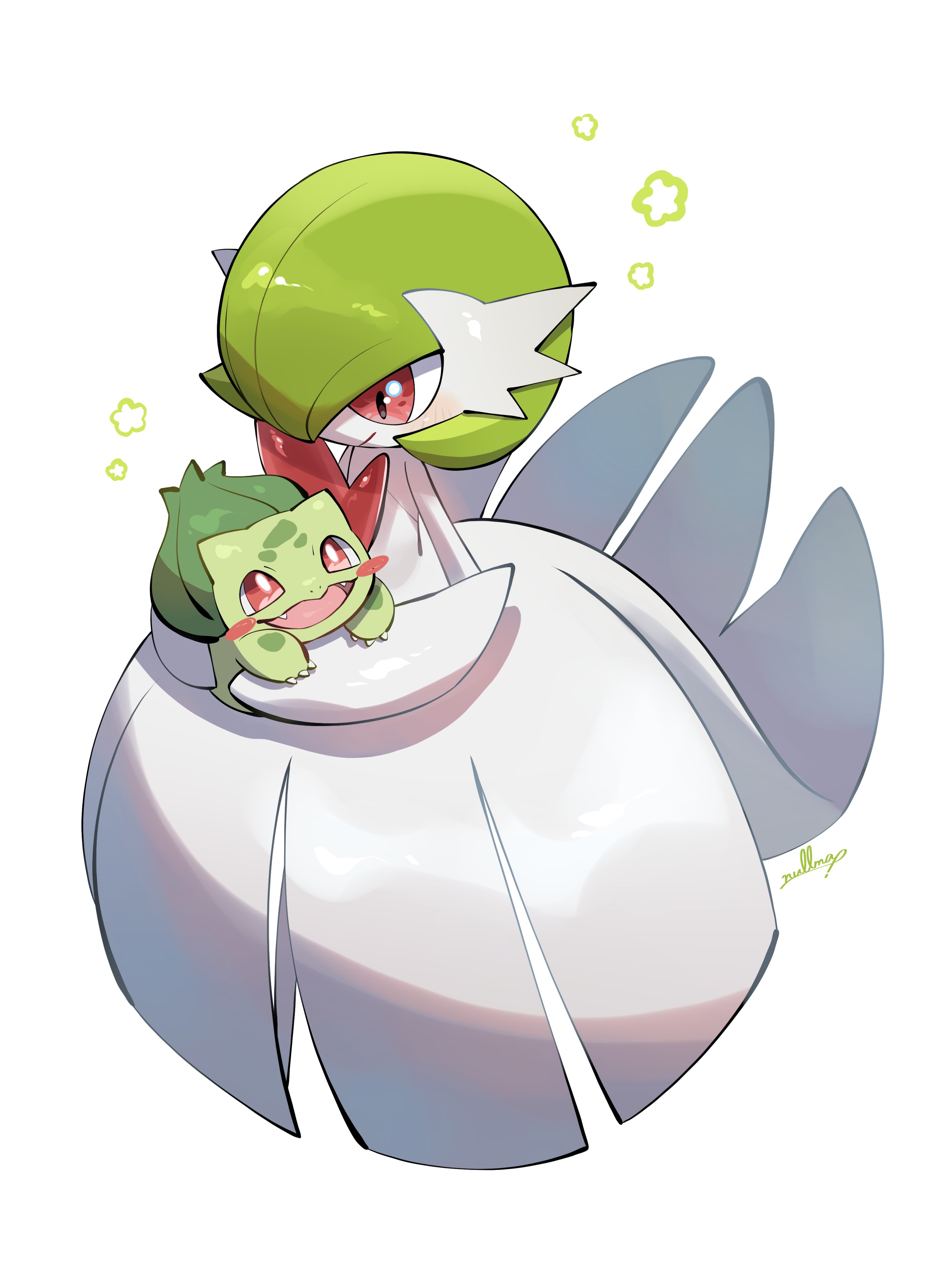 nullma, bulbasaur, gardevoir, mega gardevoir, nintendo, pokemon, absurdres, highres, alternate color, blush, bob cut, closed mouth, colored skin, dress, elbow gloves, fangs, gen 1 pokemon, gen 3 pokemon, gloves, hair over one eye, holding, holding pokemon, mega pokemon, open mouth, pokemon (creature), pokemon focus, red eyes, shiny pokemon, smile, white skin
