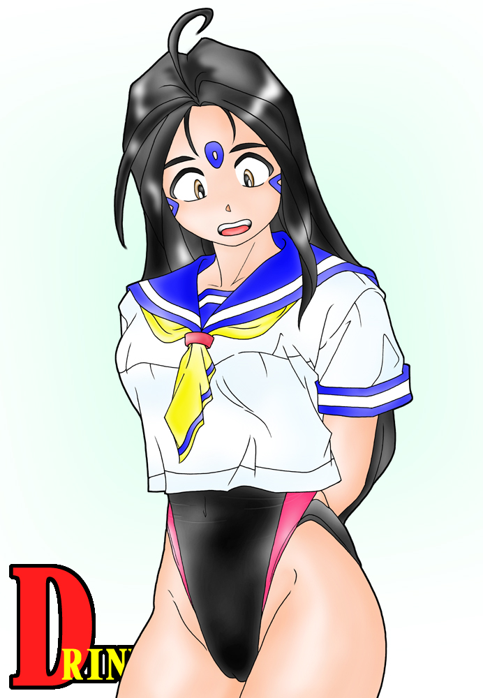 skuld (aa megami-sama), aa megami-sama, non-web source, black hair, brown eyes, competition swimsuit, facial mark, forehead mark, long hair, one-piece swimsuit, school uniform, serafuku, surprised, swimsuit, swimsuit under clothes