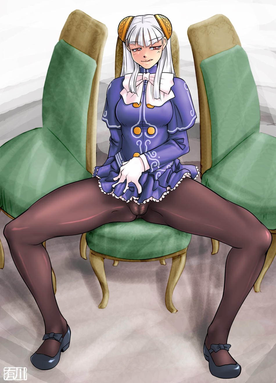 qkat (arikawa-dou), ingrid (capcom), capcom, capcom fighting jam, highres, 1girl, bow, breasts, cameltoe, chair, cleavage, female focus, full body, gloves, hairpods, large breasts, long hair, mary janes, pantyhose, pussy, shoes, sitting, solo, tongue, white hair, yellow eyes