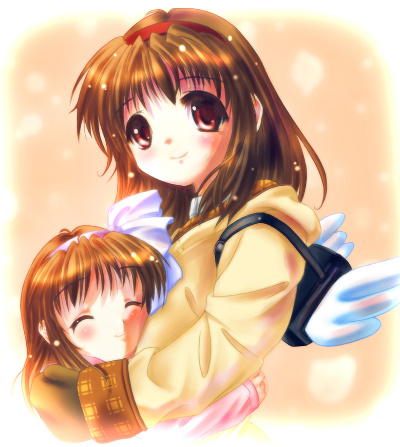 okotan (dewdrops), okotanukunuku, tsukimiya ayu, kanon, bad id, bad pixiv id, 2girls, brown hair, dual persona, hairband, hug, multiple girls, red eyes, short hair, time paradox, wings