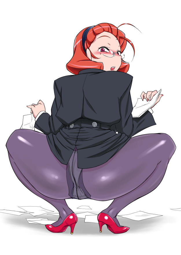 konmori (kinbou sokai), bad id, 1girl, ass, crotch seam, female focus, formal clothes, from behind, glasses, high heels, looking back, office lady, panties, panties under pantyhose, pantyhose, pencil skirt, pumps, red hair, red shoes, shoes, skirt, skirt suit, solo, spread legs, squatting, suit, underwear, upskirt