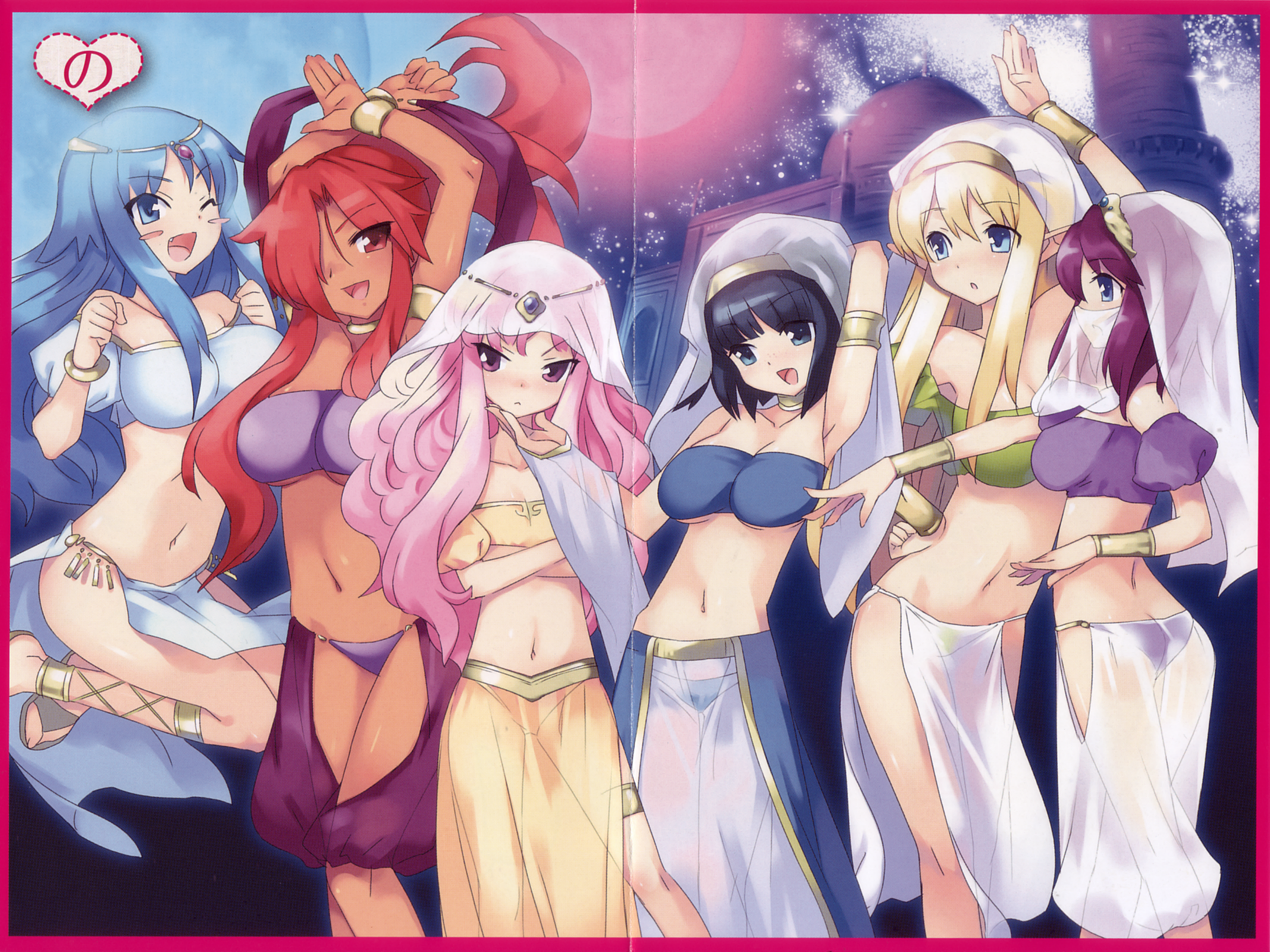usatsuka eiji, henrietta de tristain, kirche augusta frederica von anhalt zerbst, louise francoise le blanc de la valliere, siesta (zero no tsukaima), sylpheed, tiffania westwood, zero no tsukaima, highres, official art, scan, scan artifacts, 00s, 6+girls, arabian clothes, armpits, arms behind back, arms up, ass, black hair, blonde hair, blue eyes, blue hair, blush, blush stickers, breasts, butt crack, cleavage, dancer, dark-skinned female, dark skin, everyone, gypsy, hair over one eye, harem outfit, harem pants, huge breasts, jewelry, large breasts, long hair, long legs, lots of jewelry, midriff, multiple girls, navel, no panties, one eye closed, pants, pink eyes, pink hair, purple hair, red eyes, red hair, see-through clothes, short hair, wink