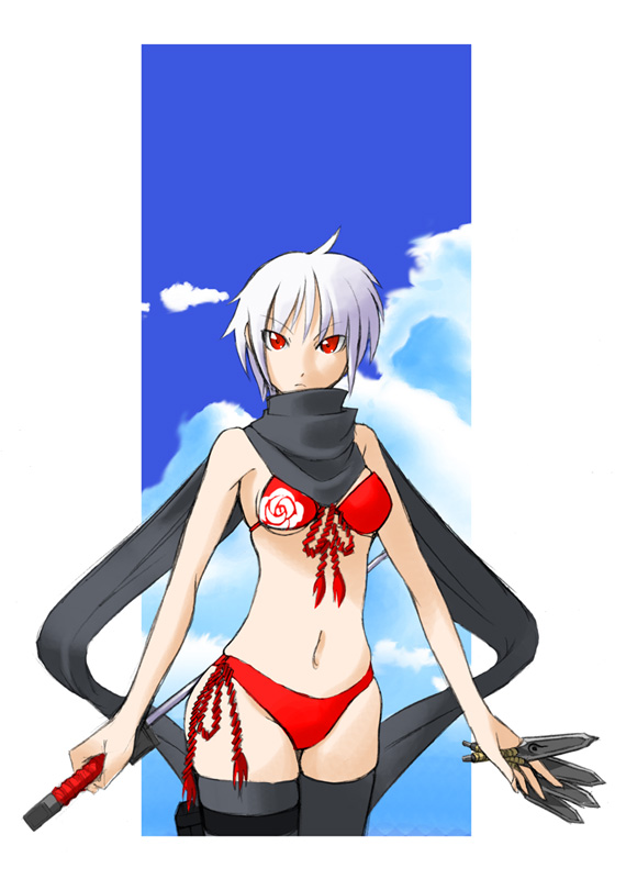 koyama keisuke, original, 1girl, bikini, black scarf, day, female focus, front-tie top, kunai, navel, ninja, red bikini, red eyes, scarf, short hair, side-tie bikini bottom, solo, swimsuit, sword, thighhighs, weapon, white hair