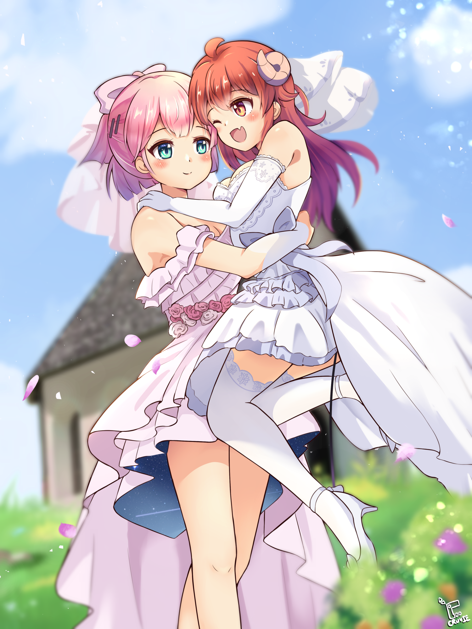 cruvie, chiyoda momo, yoshida yuuko, machikado mazoku, commentary, highres, 2girls, ;d, ahoge, artist name, bare shoulders, blue eyes, blue sky, blunt ends, blurry, blurry background, blush stickers, breasts, bridal gauntlets, bridal veil, brown eyes, church, cleavage, closed mouth, cloud, couple, curled horns, day, demon girl, demon horns, demon tail, dress, dress flower, elbow gloves, eye contact, fang, feet out of frame, flower, frilled dress, frills, full body, gloves, grass, hair ornament, hair ribbon, hairclip, happy, high heels, horns, hug, hut, knees together feet apart, large breasts, lifting person, long hair, looking at another, multiple girls, off-shoulder dress, off shoulder, one eye closed, open mouth, outdoors, parallel hairclips, petals, pink dress, pink flower, pink hair, pink rose, red hair, ribbon, rose, shoes, short hair, skin fang, sky, smile, standing, strapless, strapless dress, tail, thighhighs, veil, wedding dress, white dress, white flower, white gloves, white rose, white shoes, white thighhighs, wife and wife, yuri