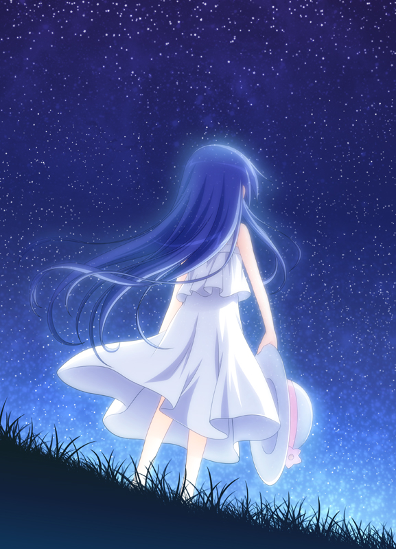 tsuda akira, izumi kanata, lucky star, 00s, 1girl, blue hair, dress, female focus, hat, long hair, night, sky, solo, star (sky), star (symbol), starry sky