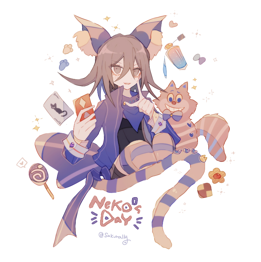 sakura (fein5862817), cheshire cat (disney), oma kokichi, danganronpa (series), danganronpa v3: killing harmony, commentary request, 1boy, aegyo sal, alice in wonderland (disney), animal, animal ear fluff, animal ears, badge, black shirt, black shorts, candy, card, cat, cat boy, cat day, cat ears, cat tail, checkerboard cookie, cheshire cat (disney) (cosplay), collared jacket, cookie, cosplay, english text, eyelashes, eyes visible through hair, fake animal ears, fake tail, finger to cheek, food, hair between eyes, heart, high collar, holding, holding card, jacket, joker (playing card), layered sleeves, lollipop, long hair between eyes, long sleeves, male focus, medium hair, open clothes, open jacket, outside border, parted lips, paw print, pink thighhighs, playing card, potion, purple eyes, purple hair, purple jacket, purple scarf, purple thighhighs, scarf, shirt, shorts, simple background, sleeve cuffs, smile, sparkle, speech bubble, spoken heart, striped clothes, striped jacket, striped thighhighs, swirl lollipop, tail, thighhighs, twitter username, two-tone thighhighs, vertical-striped clothes, vertical-striped jacket, white background