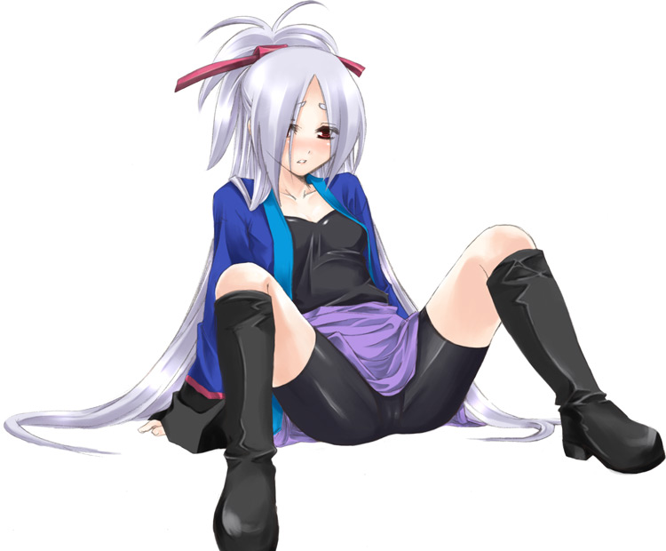 minamiyama sora, silver hair, 1girl, bike shorts, blush, boots, female focus, latex, long hair, ribbon, solo, spread legs