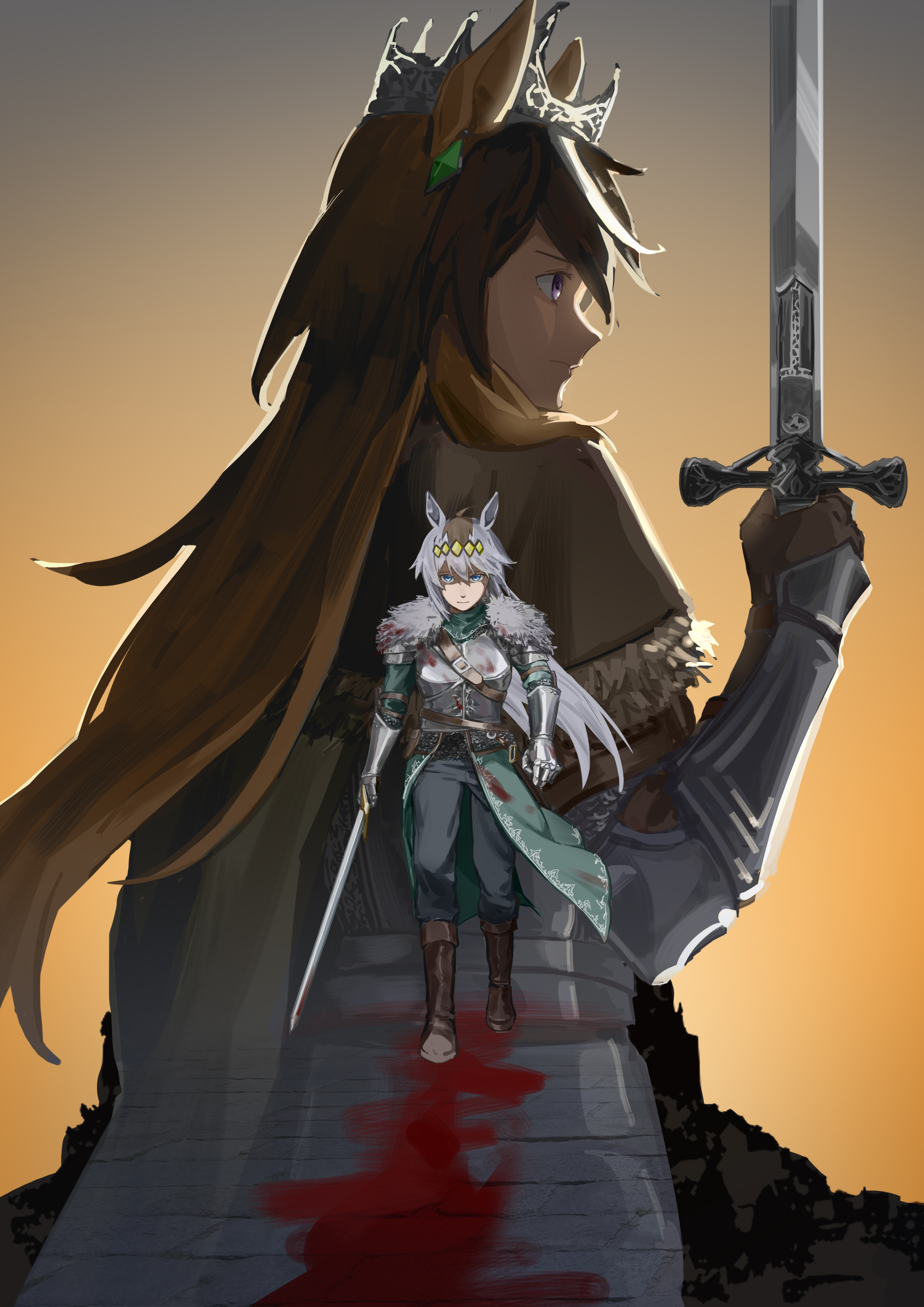 tokyo bay seal, bearer of the curse, oguri cap (umamusume), symboli rudolf (umamusume), vendrick (dark souls), dark souls (series), dark souls ii, umamusume, absurdres, commentary request, highres, 2girls, animal ears, armor, bearer of the curse (cosplay), black pants, blood, blood on clothes, blue eyes, boots, breastplate, brown boots, brown hair, cosplay, crown, earrings, full body, fur collar, gauntlets, grey hair, grey shirt, holding, holding sword, holding weapon, horse ears, horse girl, jewelry, long hair, looking afar, looking at viewer, multiple girls, pants, purple eyes, shirt, sword, vendrick (dark souls) (cosplay), walking, weapon