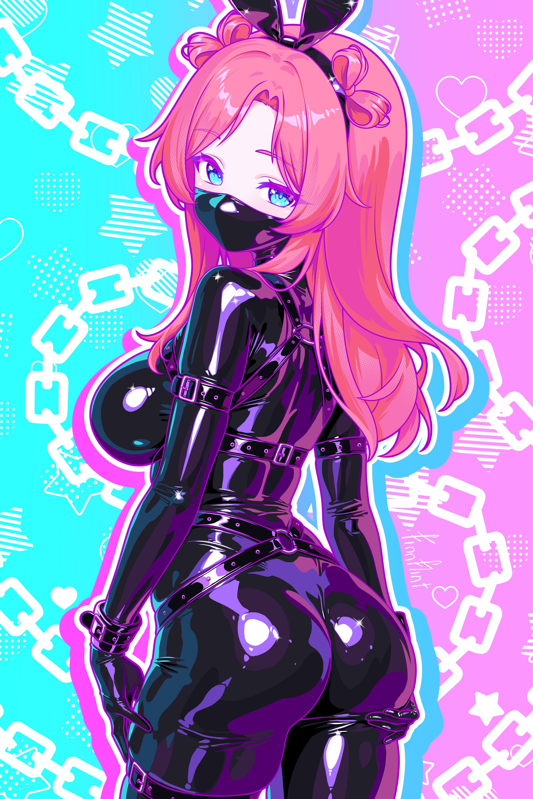 finn flint, absurdres, character request, commission, copyright request, highres, 1girl, ass, black bodysuit, blue eyes, bodysuit, breasts, brown hair, from behind, large breasts, latex, latex bodysuit, long hair, looking at viewer, mask, mouth mask, shiny clothes, solo