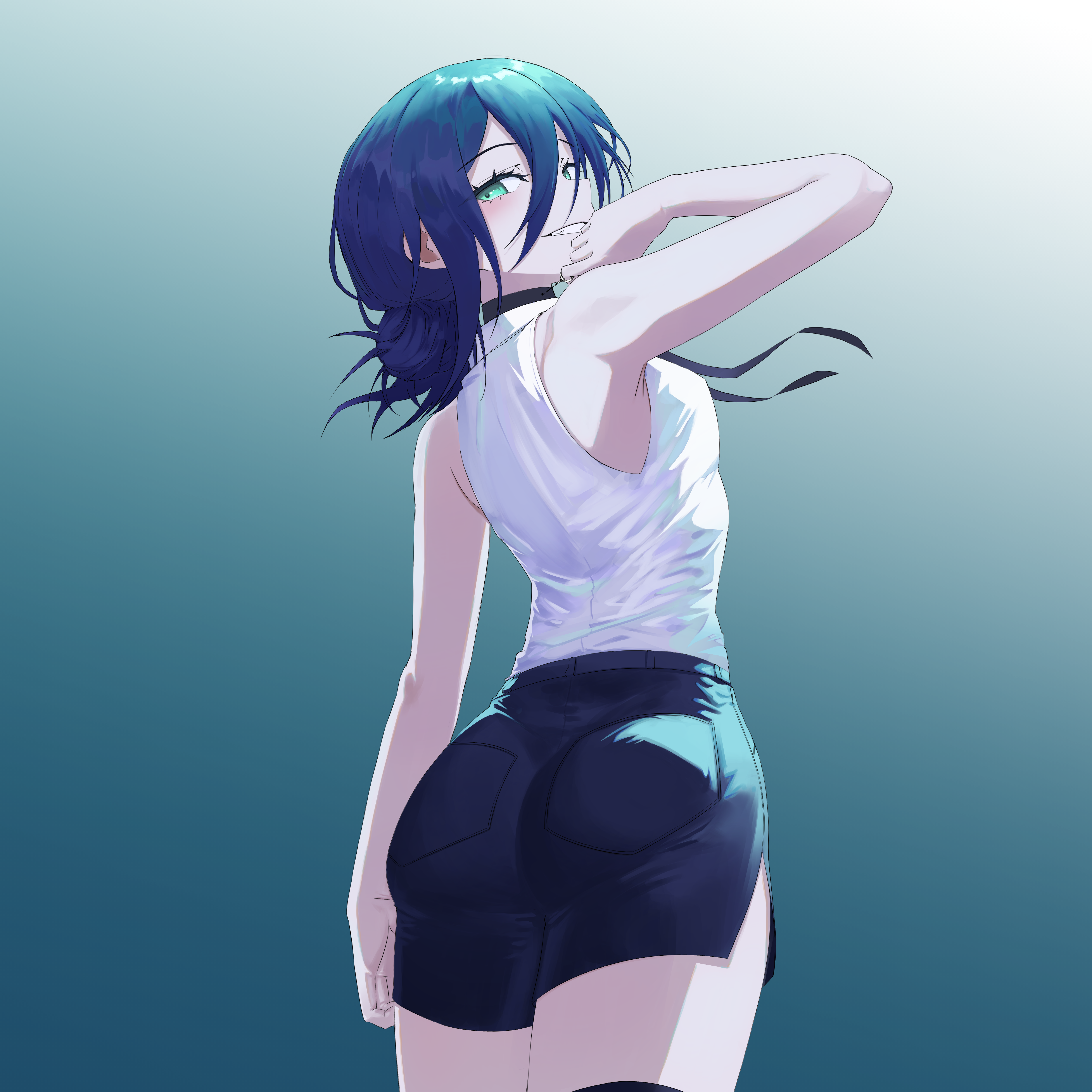 reze (chainsaw man), chainsaw man, absurdres, highres, 1girl, ass, black choker, black ribbon, blue background, blue hair, choker, from behind, gradient background, green eyes, hair bun, konpeki no sora (artist), looking back, neck ribbon, ribbon, shirt, short shorts, shorts, sleeveless, sleeveless shirt, solo, teeth, white shirt