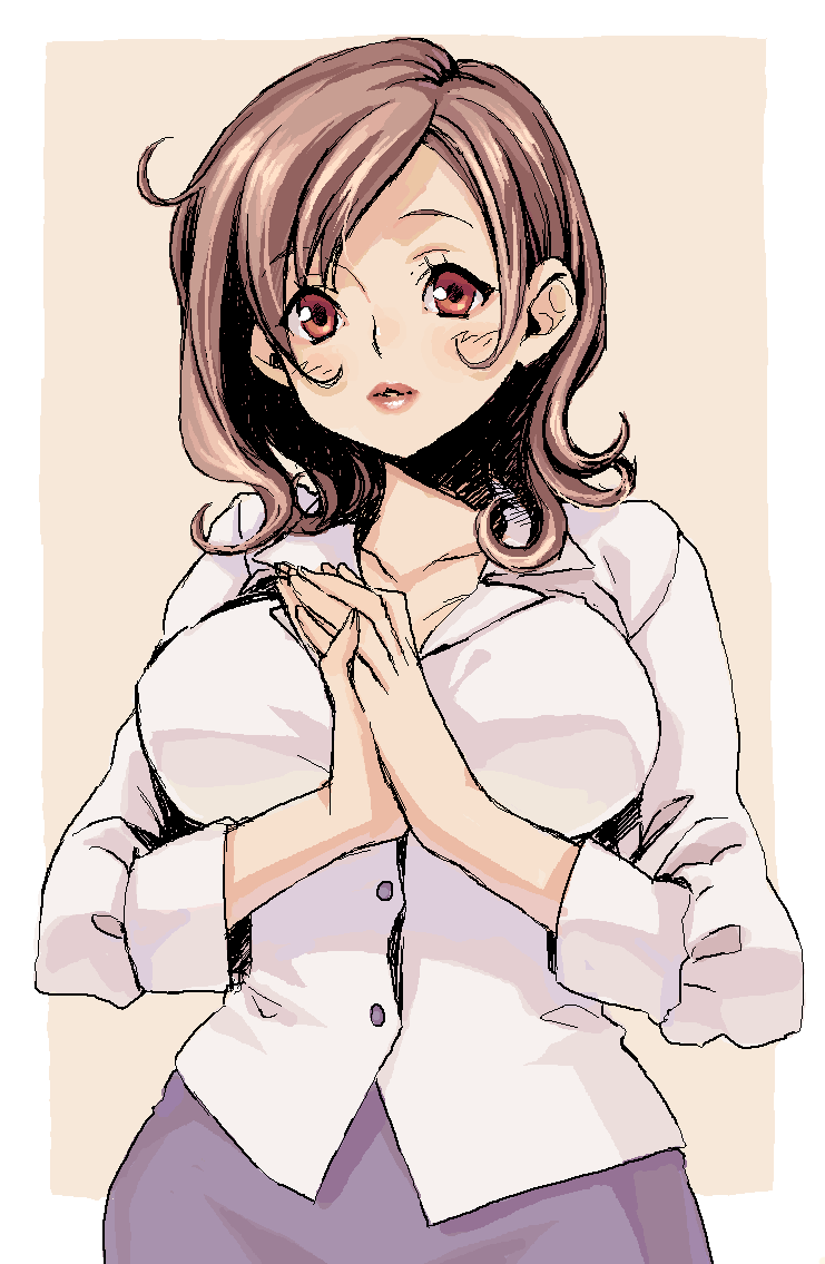 yuuryuu nagare, original, ahoge, blush, brown hair, oekaki, office lady, solo