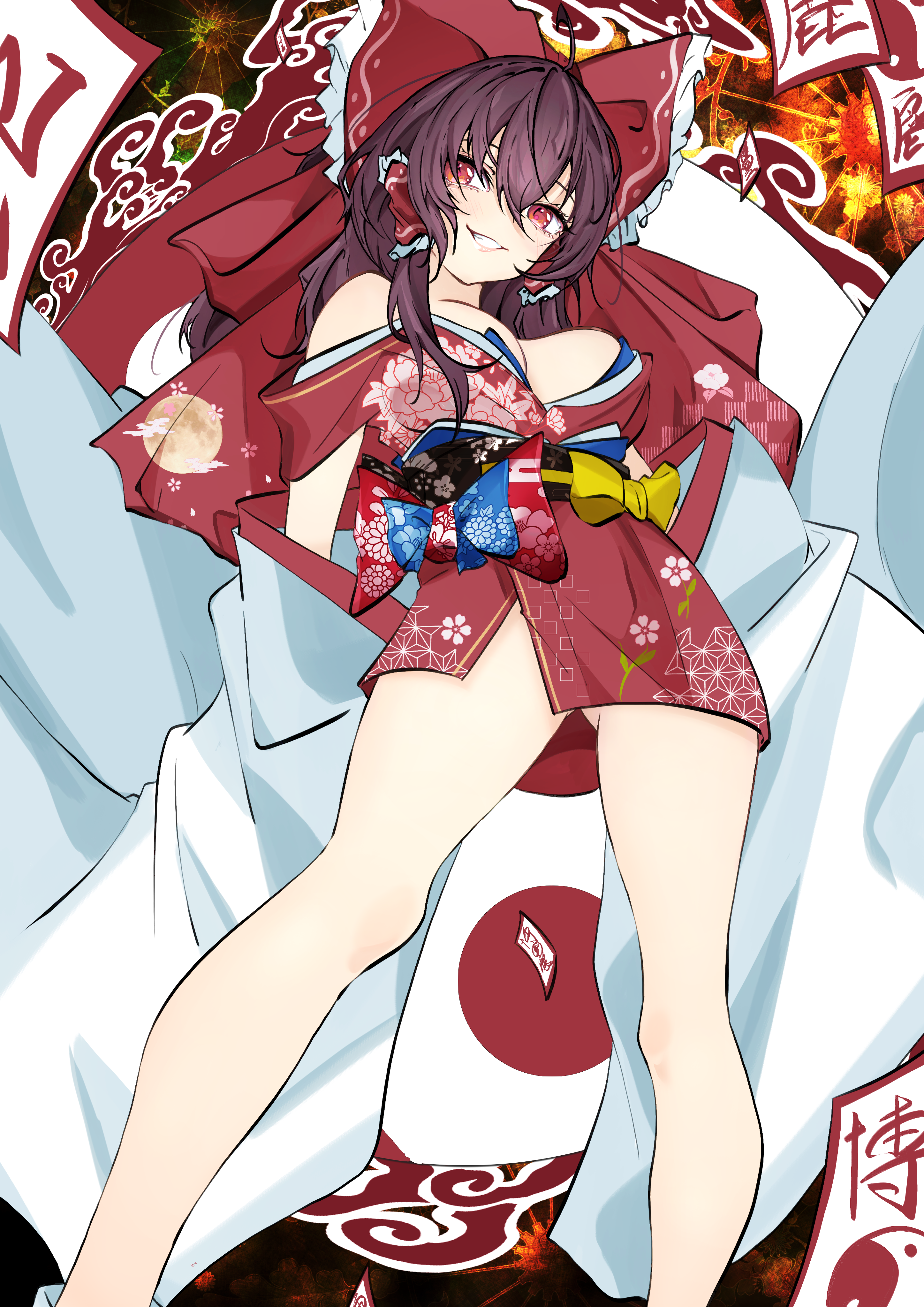 unanooo (fthx7532), hakurei reimu, touhou, absurdres, commentary request, highres, 1girl, asa no ha (pattern), bare shoulders, black sash, bow, breasts, brown hair, detached sleeves, dress, egasumi, feet out of frame, floral print, frilled bow, frilled hair tubes, frills, grin, hair bow, hair tubes, japanese clothes, kimono, knees, large breasts, lips, long hair, moon print, no panties, ofuda, open mouth, red bow, red dress, red eyes, sash, smile, solo, thighs, very long sleeves, white sleeves, xiangyun, yellow bow, yin yang