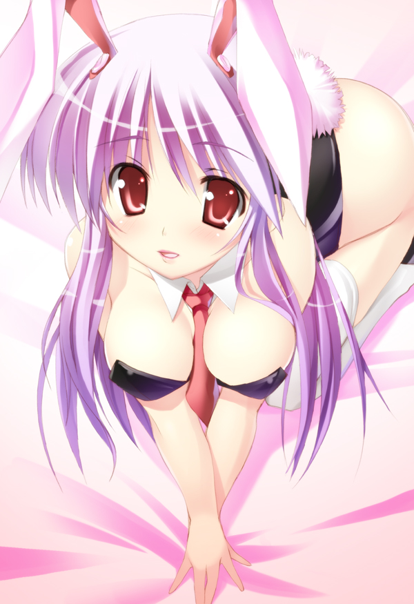 takeda aranobu, reisen udongein inaba, touhou, 1girl, all fours, animal ears, blush, breasts, cleavage, female focus, large breasts, long hair, necktie, playboy bunny, purple hair, rabbit ears, rabbit girl, rabbit tail, red eyes, red necktie, solo, tail