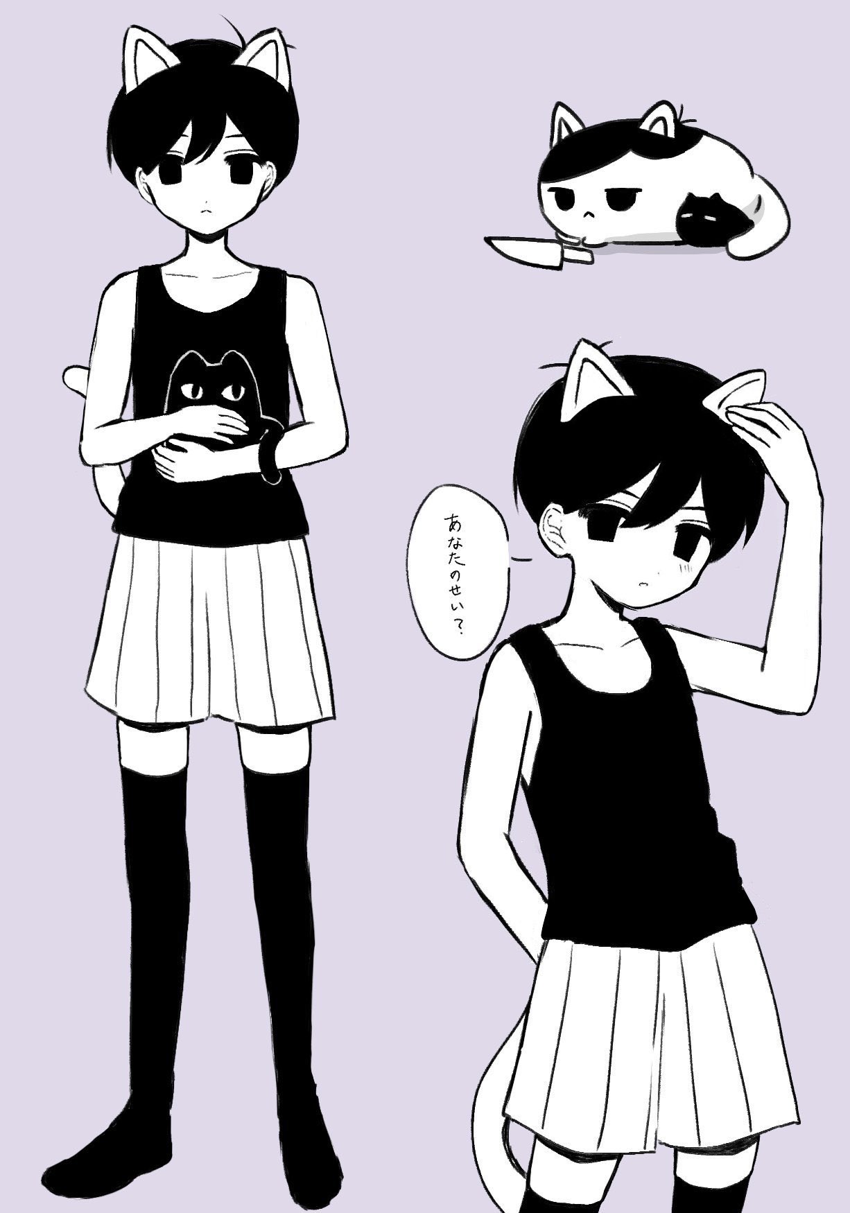 true erg, mewo, omori (omori), omori, highres, translation request, 1boy, animal, animal ears, animalization, black eyes, black hair, black thighhighs, cat, cat boy, cat ears, cat tail, closed mouth, colored skin, double-parted bangs, grey background, hair between eyes, holding, holding animal, kemonomimi mode, knife, looking at viewer, person and animalization, short hair, shorts, simple background, solo, speech bubble, striped clothes, striped shorts, tail, thighhighs, vertical-striped clothes, vertical-striped shorts, white shorts, white skin
