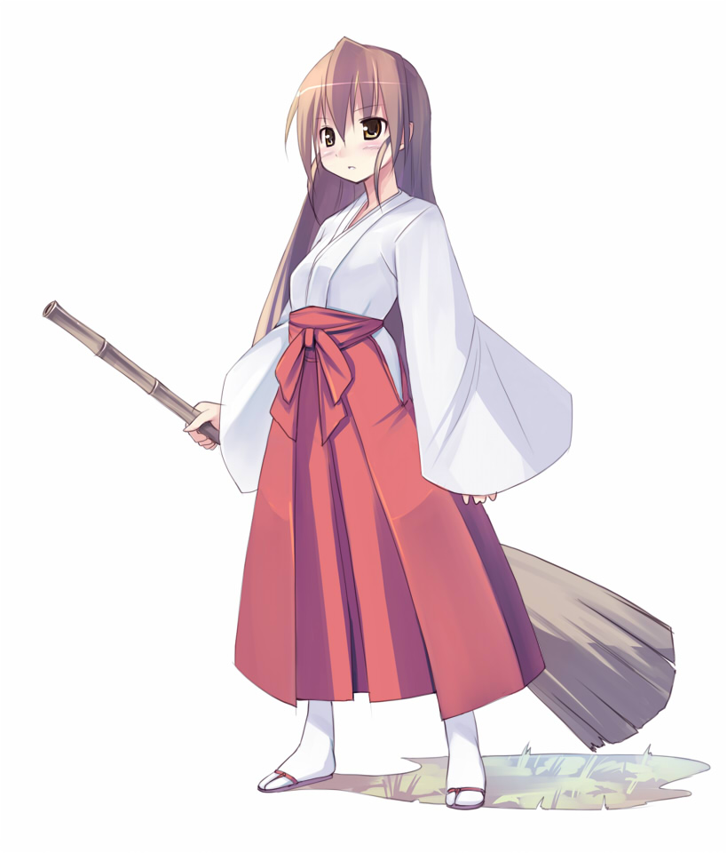 seo tatsuya, original, white legwear, 1girl, :o, bamboo broom, blush, broom, brown eyes, brown hair, female focus, full body, hakama, hakama skirt, holding, holding broom, japanese clothes, long hair, miko, parted lips, red hakama, sandals, simple background, skirt, solo, standing, tabi, white background