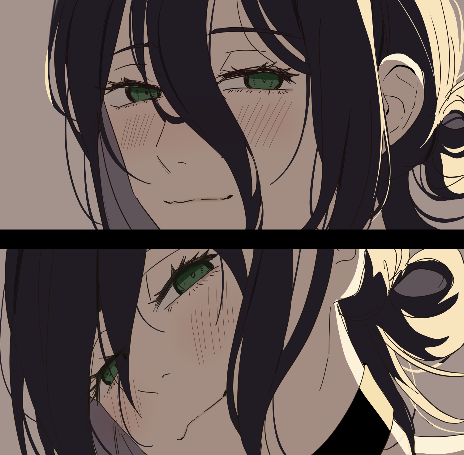 reze (chainsaw man), chainsaw man, commentary request, highres, 1girl, black hair, close-up, closed mouth, green eyes, grey background, hair between eyes, hair bun, head tilt, light blush, looking at viewer, nrec nr, solo