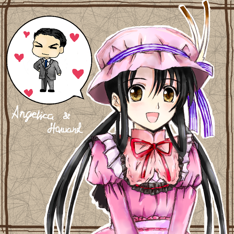 angelica derleth, howard phillips, shikkoku no sharnoth, steampunk (liarsoft), bad id, bad pixiv id, black hair, bonnet, frills, happy, hat, heart, ribbon, smile, twintails, yellow eyes