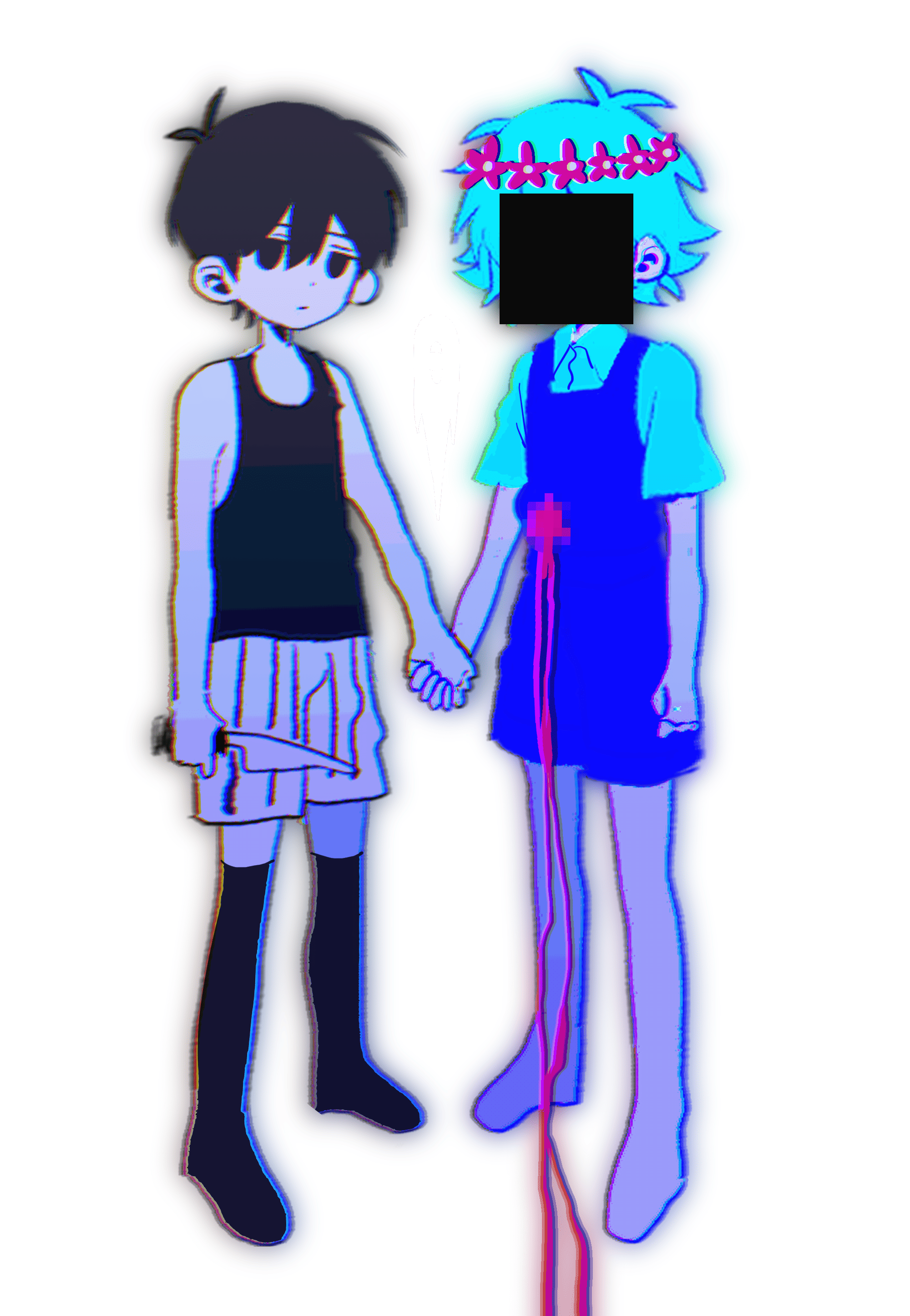 my loleeta, basil (headspace) (omori), basil (omori), omori (omori), something (omori), omori, absurdres, highres, 2boys, antenna hair, black eyes, black hair, black tank top, black thighhighs, blood, blood on clothes, blue overalls, closed mouth, collared shirt, colored skin, double-parted bangs, expressionless, green hair, green shirt, hair between eyes, head wreath, holding, holding hands, holding knife, knife, multiple boys, overall shorts, overalls, shirt, short hair, shorts, simple background, striped clothes, striped shorts, tank top, thighhighs, vertical-striped clothes, vertical-striped shorts, white background, white shorts, white skin