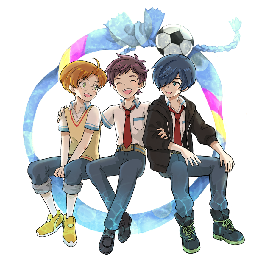 jinnai enta, kuji toi, yasaka kazuki, sarazanmai, commentary request, 3boys, ball, black shoes, blue hair, brown hair, brown sweater vest, freckles, friendship bracelet, grey pants, hand on another's shoulder, invisible chair, locked arms, male focus, multiple boys, necktie, open mouth, pants, red necktie, shoes, sitting, soccer ball, sweater vest, ya ko222, yellow shoes