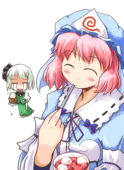 kanoe soushi, konpaku youmu, saigyouji yuyuko, touhou, food request, 2girls, ^ ^, bag, blush, chibi, closed eyes, crying, eating, female focus, food, handbag, hat, mob cap, multiple girls, pink hair, shiruko (food), simple background, solo focus, streaming tears, tears, triangular headpiece, white background
