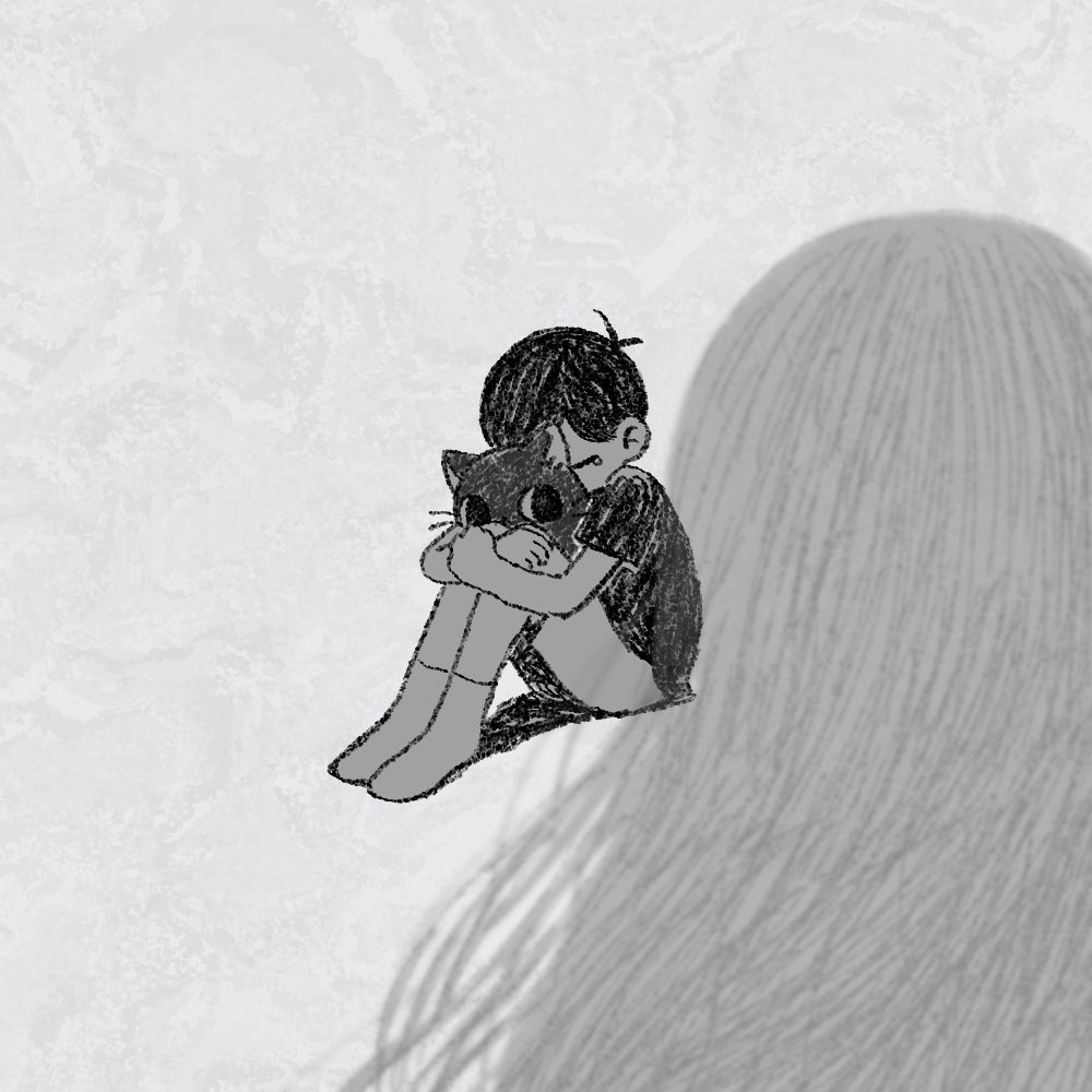 sun iiinu, mari (faraway) (omori), mari (omori), mewo, sunny (omori), 1boy, alternate costume, animal, antenna hair, cat, closed eyes, crying, greyscale, holding, holding animal, male focus, monochrome, shirt, short hair, short sleeves, shorts, socks, solo, t-shirt