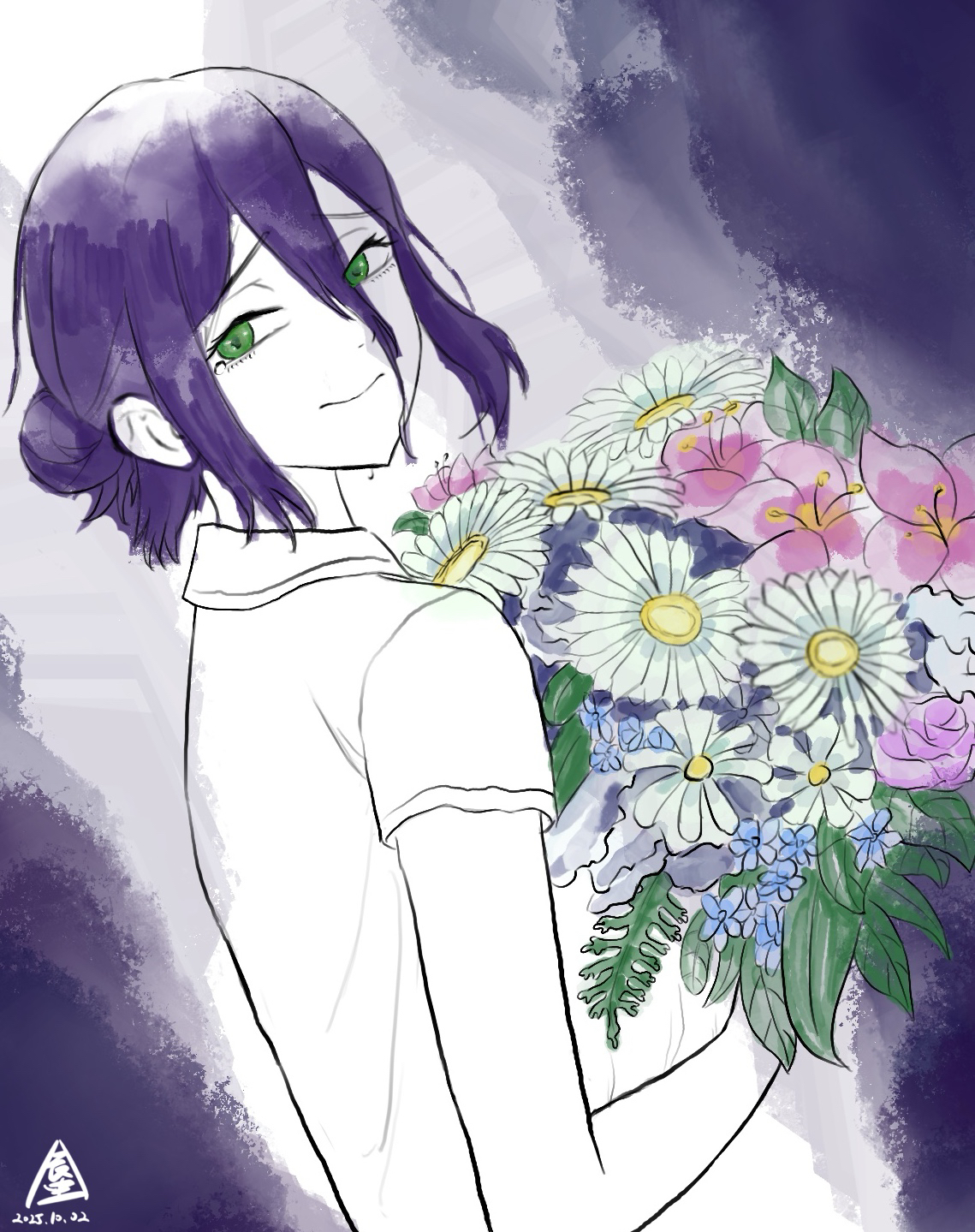 pencilcastle, reze (chainsaw man), chainsaw man, highres, 1girl, bouquet, closed mouth, collared shirt, flower, green eyes, hair between eyes, hair bun, holding, holding bouquet, partially colored, pink flower, purple hair, shirt, solo, white flower