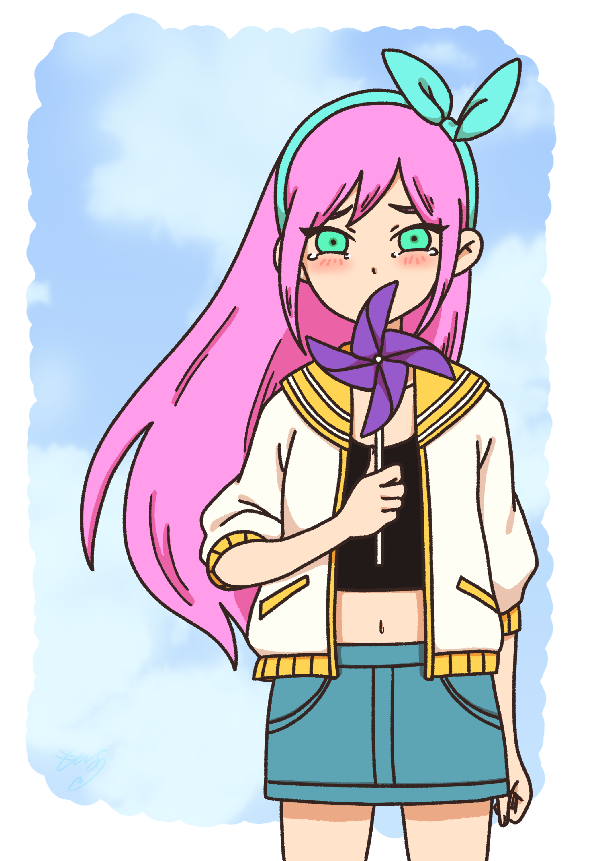 mo moshi a, aubrey (faraway) (omori), aubrey (omori), omori, absurdres, highres, 1girl, aqua bow, aqua eyes, aqua hairband, arm at side, blue skirt, blush, border, bow, bow hairband, cloud, cloudy sky, covered mouth, cowboy shot, crop top, crying, crying with eyes open, denim, denim skirt, fingernails, floating hair, hair between eyes, hairband, holding, holding pinwheel, jacket, long hair, looking at viewer, navel, open clothes, open jacket, pink hair, pinwheel, pocket, sad, sailor collar, short sleeves, skirt, sky, solo, standing, tears, white border, white jacket, yellow sailor collar