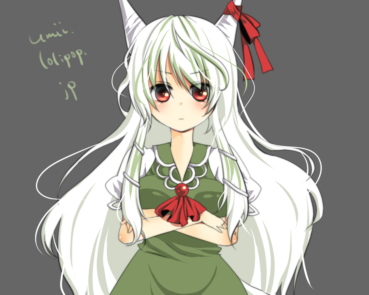 umi (umi02), ex-keine, kamishirasawa keine, touhou, breast hold, 1girl, artist name, breasts, crossed arms, dress, eyes visible through hair, female focus, green dress, grey background, horn ornament, horn ribbon, horns, long hair, puffy short sleeves, puffy sleeves, red eyes, red ribbon, ribbon, short sleeves, simple background, solo, very long hair, wavy hair, white hair, white sleeves