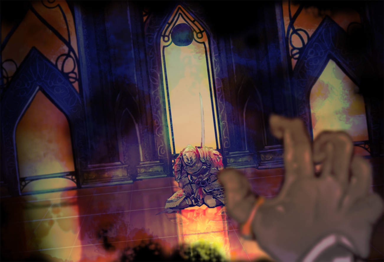 kanon (rsl), bearer of the curse, dark souls (series), dark souls ii, commentary, 1boy, 1other, armor, brown gloves, full body, gloves, helm, helmet, in-universe location, indoors, katana, knight, male focus, pauldrons, pov, pov hands, reflective floor, seiza, seppuku, shoulder armor, sir alonne, sitting, solo focus, suicide, sword, tile floor, tiles, vignetting, weapon, window