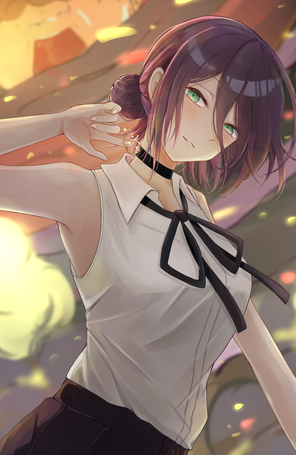 a ekoa, reze (chainsaw man), chainsaw man, highres, 1girl, black choker, black ribbon, breasts, choker, collared shirt, green eyes, grenade pin, hair between eyes, hair bun, large breasts, looking at viewer, neck ribbon, parted lips, purple hair, ribbon, shirt, shirt tucked in, sleeveless, sleeveless shirt, solo, sparks, white shirt