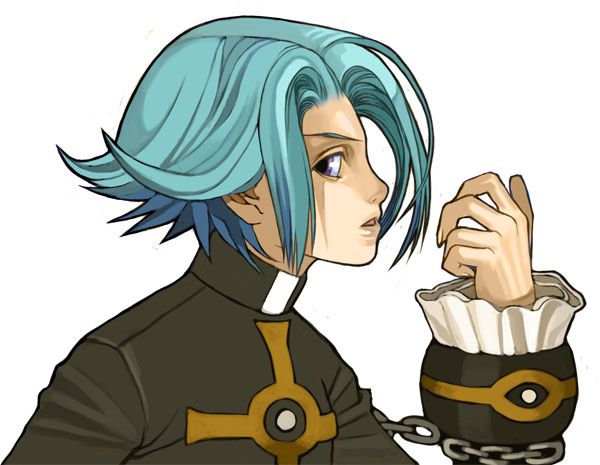 asgard, nexon, artist request, official art, second-party source, 1boy, aqua hair, black shirt, black sleeves, chained wrists, cleric (asgard), clerical collar, cross, cross print, fingernails, frills, from side, hair intakes, high collar, impasto, lips, looking to the side, nose, nostrils, open mouth, parted hair, priest, purple eyes, shirt, short hair, solo, upper body, white background