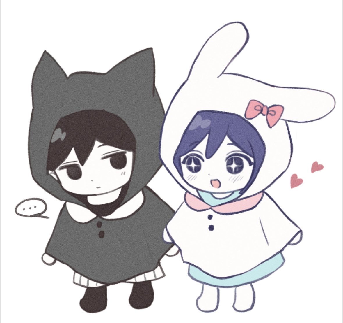 aubrey (headspace) (omori), aubrey (omori), omori (omori), omori, …, 1boy, 1girl, alternate costume, black eyes, black hair, black socks, blue shirt, bow, closed mouth, colored skin, expressionless, long shirt, pink bow, purple eyes, purple hair, shirt, shorts, simple background, socks, speech bubble, spoken ellipsis, striped clothes, striped shorts, vertical-striped clothes, vertical-striped shorts, white background, white shorts, white skin, wktdms1