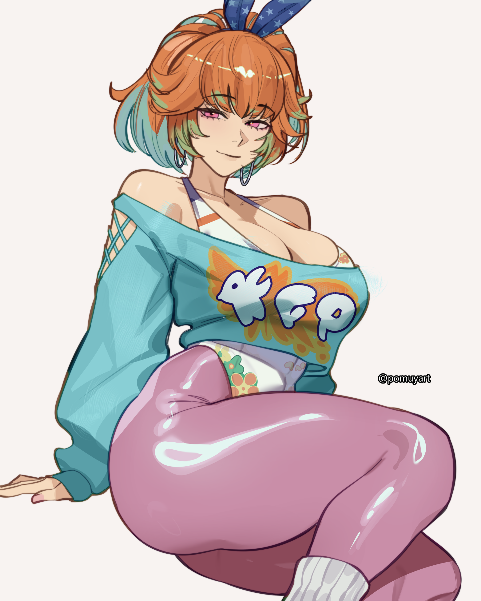 pomuya, takanashi kiara, takanashi kiara (fever night), hololive, hololive english, highres, 1girl, aqua sweater, breasts, cleavage, colored inner hair, earrings, green hair, hair ribbon, highleg, highleg leotard, hoop earrings, jewelry, large breasts, leggings, leotard, looking at viewer, multicolored hair, off-shoulder sweater, off shoulder, official alternate costume, official alternate hairstyle, orange hair, pants, pink eyes, pink leggings, ribbon, short hair, simple background, sitting, sleeves past wrists, socks, solo, sweater, virtual youtuber, white background, white leotard, white socks, yoga pants