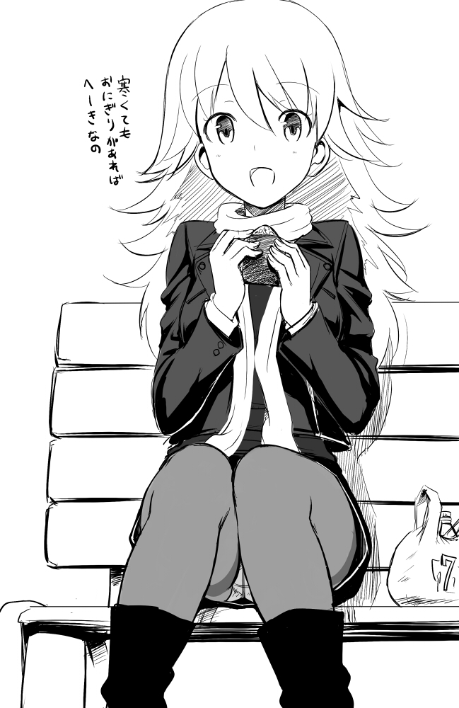 takayaki, hoshii miki, idolmaster, idolmaster (classic), idolmaster 1, translation request, 00s, 1girl, bench, crotch seam, female focus, greyscale, monochrome, panties, panties under pantyhose, pantyhose, pantyshot, scarf, sitting, solo, thighband pantyhose, underwear, upskirt