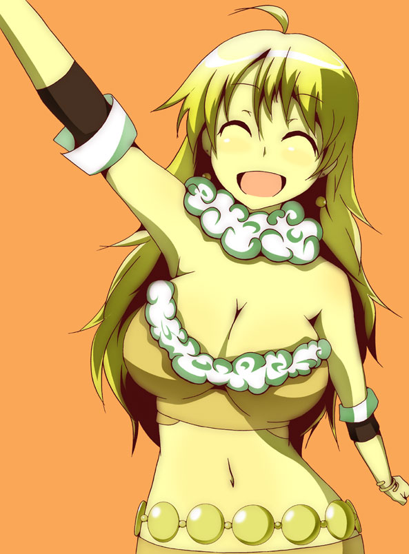 toudori, hoshii miki, idolmaster, idolmaster (classic), idolmaster 1, 00s, ahoge, blonde hair, breasts, cleavage, closed eyes, large breasts, long hair, midriff, navel, smile, solo, waving