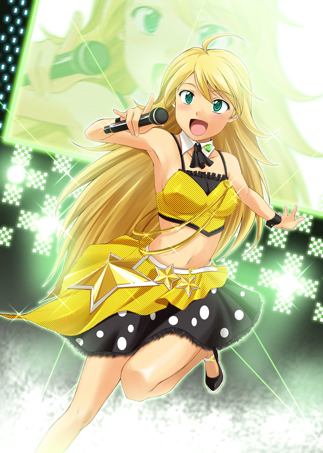 nishi (count2.4), hoshii miki, idolmaster, idolmaster (classic), live for venus, 00s, 1girl, bustier, female focus, lingerie, microphone, midriff, solo, underwear